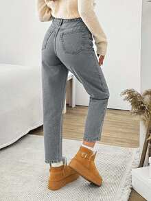 EURMUSE Women's Solid Color High Rise Mom Fit Vintage Jeans - Light Grey - View 2