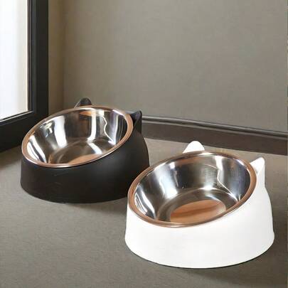 Zazumi Elevated Stainless Steel Cat Bowl With Cute Ear Stand - 2-In-1 Inclined Food & Water Dish For Neck Protection