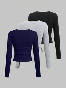 SHEIN Unity Camiseta casual de mujer de unicolor, cuello redondo, manga larga, plisada y de corte ajustado - Azul Marino - Ver 2