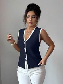 Rafferiza Contrast Color 2 In 1 V-Neck Sleeveless Cardigan Vest Knit Sweater - Navy Blue - View 6