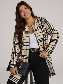 Comfylo Plus Size Women Open Front Plaid Print Casual Jacket, Autumn Outerwear Plus Size Fall Clothes Fall Women Clothes Fall Clothes Plus Size Fall Outfits For Women  Fall Outfits Women Winter
