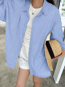 DAZY 女式条纹蝙蝠袖休闲宽松衬衫秋季 - 藍色 - 查看 3
