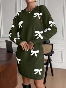 EURMUSE Váy len trễ vai họa tiết nơ thanh lịch dành cho nữ, Thu/Đông - xanh quân đội - Xem 3