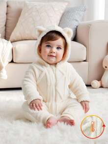 SHEIN Vintaside Kids 1 件新生儿连帽连体衣，休闲可爱毛绒柔软舒适，适合户外和家居，秋冬季