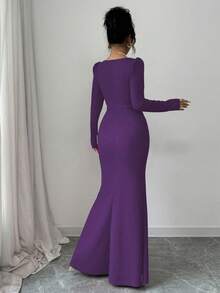 Elenzga 优雅浪漫V领串珠蝴蝶结腰部A字型女士派对礼服 - 紫色 - 查看 2