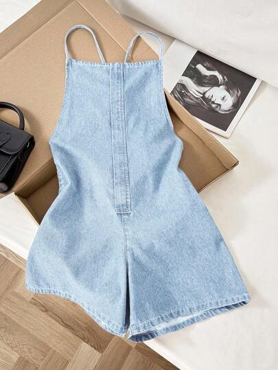 Comfortcana Women's Casual Loose Denim Criss-Cross Back Bib Shorts