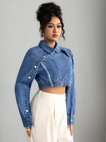 Elenzga Women's Fashion Asymmetrical Short Denim Jacket - Blue - View 8