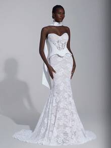 Elitara Elegant Luxurious Off-Shoulder Detachable Sheer Sleeve Satin & Lace Mermaid Maxi Dress With Trailing Train, Suitable For Weddings, Events, Parties, Honeymoon - Beige - View 2