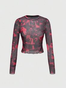 Black Jack X ROMWE Punk Style Mesh Allover Print Fitted Long Sleeve Top - Burgundy - View 1