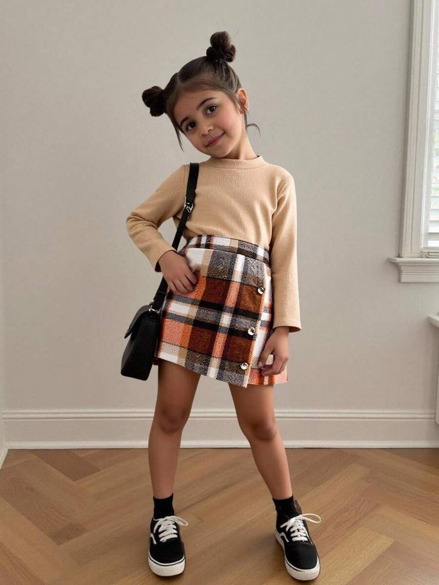 2pcs Young Girls Elegant Solid Ribbed Crew Neck Top & Plaid Asymmetrical Hem Skirt Set Plaid Skirt Set Fall Outfit Beige Top And Plaid Skirt Set Two Pieces Skirt Set Young Girl Autumn Girls Clothes Girls Fall Clothes Young Girl Plaid Skirt Outfit Fall Outfits For Young Girl Fall Clothes Girls Beige Top Plaid Skirt Set Two Pieces Skirt Set For Girls - Khaki - View 1