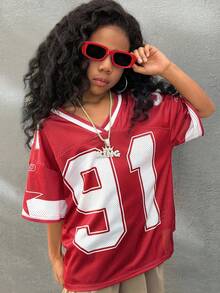 Coolane Tween Girls Fall/Winter Festival Streetwear Vintage Breathable Mesh Number Pattern Graphics Baseball Jersey - Red - View 4