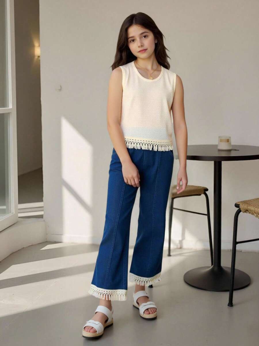 2pcs Tween Girl Cute Girl Fashion Tasseled Sleeveless Top & Denim Shorts Set, Suitable For Beach Vacation, Spring/Summer - Multicolor - View 1