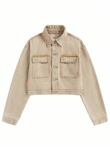 Y2Kool 女士做旧牛仔夹克外套，休闲街头风，秋冬牛仔衬衫短款牛仔夹克短款外套牛仔夹克派对外套时尚服装系列新年穿搭 - 卡其色 - 查看 2