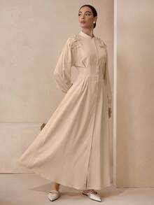 Graceveil فستان طويل أنيق للنساء بأزرار أمامية وزخرفة زهرية ثلاثية الأبعاد بلون أحادي - لون مشمشي - مشاهدة 4
