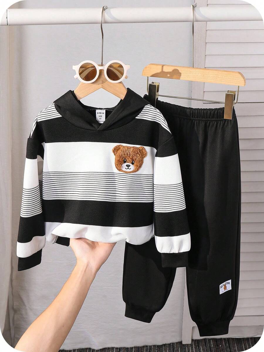 SHEIN Young Boys Casual Loose Comfy Versatile Cute Fluffy Bear Logo Striped Pattern Hooded Top And Long Pants Set Fall Winter - Black - View 1