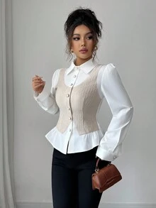 Elenzga Áo sơ mi trắng tay dài đính nút trang trí thanh lịch phong cách Châu Âu cổ điển, màu tương phản, áo sơ mi cài nút kim loại ngọc trai 2 trong 1 dành cho nữ, thích hợp cho tiệc tùng, ngày lễ, Giáng sinh, Halloween, đi làm, hẹn hò, trang phục thường ngày - Màu be - Xem 5