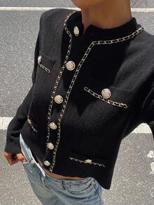 DAZY Women's Elegant Chain Tape Trim Metal Button Cardigan, Autumn - Black - View 1