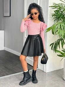 2pcs/Set Girls Elegant Pink Ruffled Pearl Decor Long Sleeve Ribbed Knit Top And PU Elastic Waist Skirt Set,Autumn Country Concert Outings Gatherings - Pink - View 5