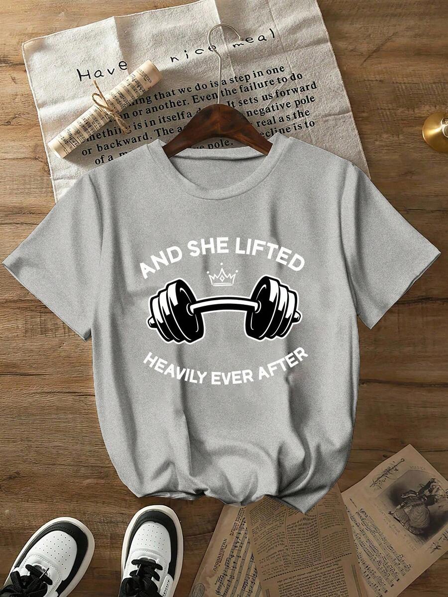 女士举重健身印花休闲套头短袖圆领T恤