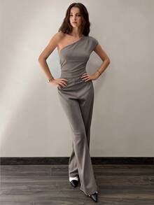 SHEIN Unity 时尚格纹单肩连体裤，修身直筒设计，高端性感，适合时尚女性 - 棕色 - 查看 5