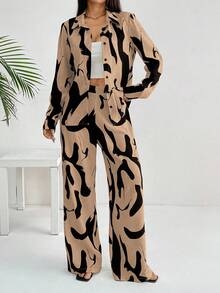 EMERY ROSE 女士法式优雅休闲通勤返校黑白几何花卉印花长袖两件套 - 彩色 - 查看 6