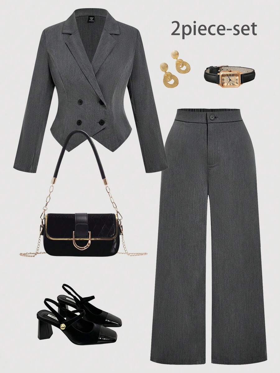 SHEIN MOD 大码女式缺口领正装直筒裤套装，秋冬优雅通勤休闲装 - 深灰色 - 查看 1