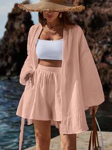 EURMUSE 2pcs Textured Cotton Crinkle Casual Shirt And Shorts Set - Pink - View 1