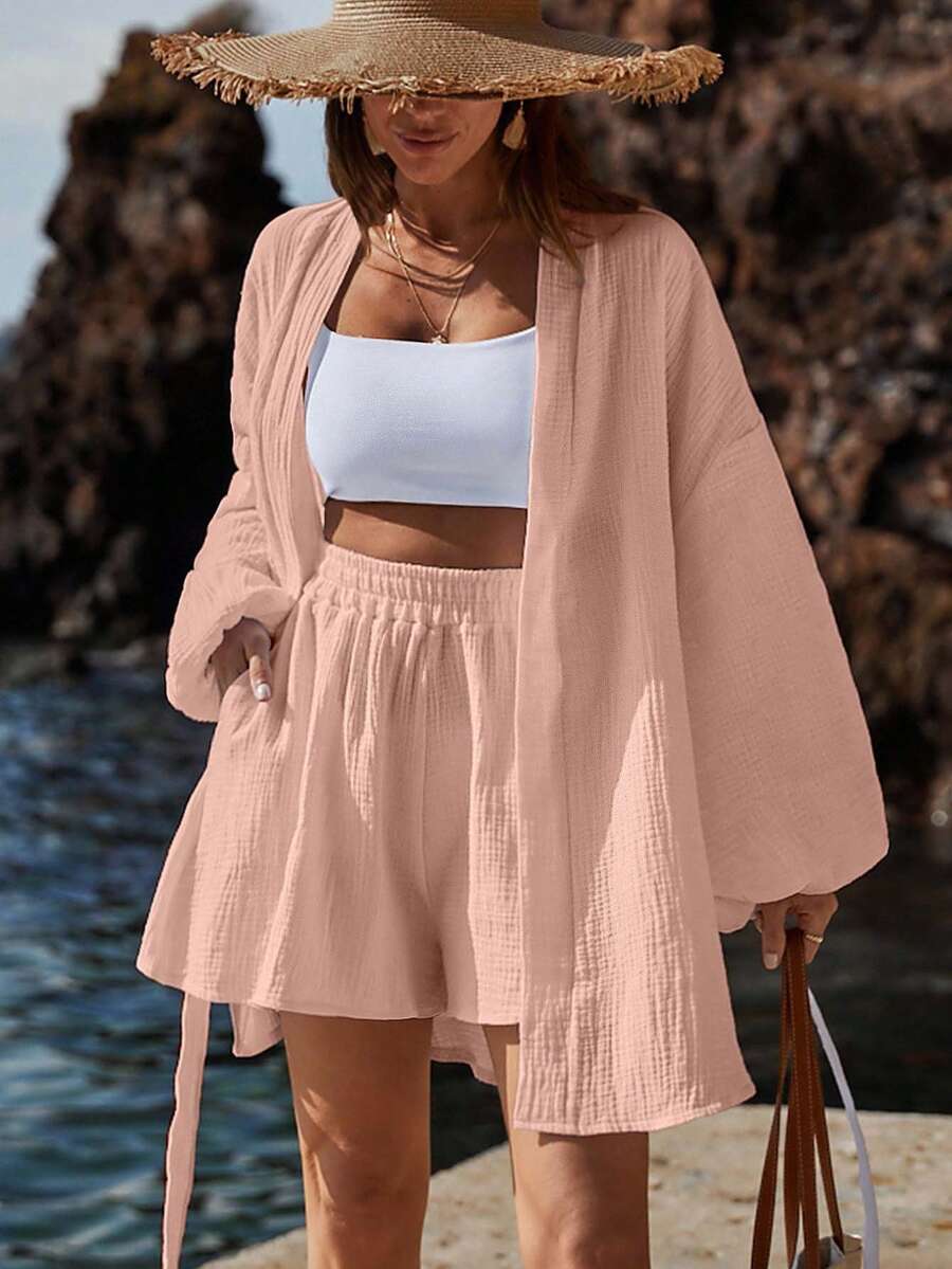 EURMUSE 2pcs Textured Cotton Crinkle Casual Shirt And Shorts Set - Pink - View 1