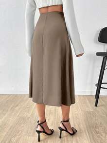SHEIN Cottnline Women Solid Color Midi Skirt With Slit - Beige - View 2