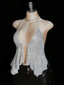 SHEIN ICON Top halter con cuello de lentejuelas y bajo asimétrico sexy, talla grande, top de fiesta con cuello halter de lentejuelas, estilo Y2K - Plateado - Ver 5