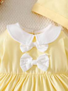SHEIN Newborn Baby Girls Autumn Outfit Set, Long Sleeve Cute Collar Bow Top, Pants, Socks And Hat Fall Winter - Yellow - View 8