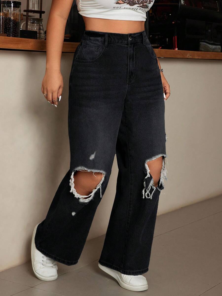 EURMUSE Plus Size Women High Waist Pockets Distressed Wide Leg Loose Casual Jeans - Dark Wash - View 1