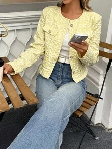 Selianne Women's Casual Jacquard Front Button Round Neck Jacket, Autumn