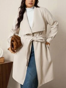 SHEIN LUNE 大码女式纯色翻领长袖系带休闲外套，秋冬外出外套，商务时尚冬装 - 杏色 - 查看 9