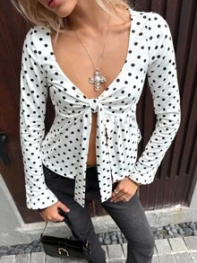 MainGRL Elegante blusa de mujer con estampado de lunares, abertura delantera y bajo con abertura