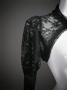 SHEIN ICON 女式哥特式蕾丝喇叭袖长下摆万圣节服装T恤 - 黑色 - 查看 6