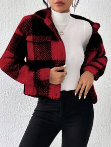EMERY ROSE 女式格子长袖口袋单排扣休闲羊毛夹克，秋冬 - 紅色 - 查看 6