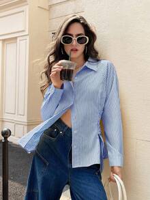 GENKIRA 法式马球领系腰修身长袖衬衫 - 淺藍色 - 查看 7