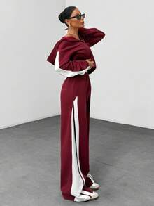 EURMUSE Women's Color Block Sweat Set – Zip Up Hooded Cropped Jacket And High Waist Wide Leg Sweatpants, Elastic Waist, Contrast Panel, Casual Two Pieces Loungewear Tracksuit, Sporty Street Style Co-Ord 2 Pieces Casual Sets Woman Two Pieces Pants Set Woman 2 Pieces Outfits Women's Two Pieces Outfits Casual Two Pieces Set - Burgundy - View 6