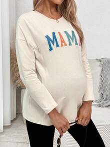 SHEIN Mama Letter Print Knitted Nursing Top Beige Three Quarter Sleeve Round Neck Casual Wear
