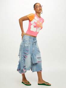 SUMWON WOMEN Baby Tee Island Mami 图案印花修身热带短款上衣夏季海滩度假夏威夷 T 恤 Y2K 节日风格休闲装短袖 - 粉色 - 查看 3