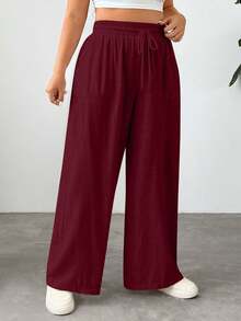 EURMUSE 大码女式休闲纯色宽松裤 - 酒紅色 - 查看 6