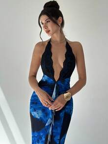 Firerie Đầm Maxi Ôm Body Dáng Chữ A Màu Xanh Thanh Lịch, Cổ Chữ V, Hở Lưng, Ren Họa Tiết Nghệ Thuật, Đường Riềm Xếp Nếp, Dành Cho Nữ, Thích Hợp Đi Biển, Nghỉ Dưỡng, Tiệc Tùng, Lễ Hội Âm Nhạc - Màu xanh lam - Xem 2