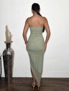Andrea Bello Summer Elegant Romantic Sage Green Flowing Ruffled Slit Maxi Dress And Elegant Women's Mesh Bodycon Party Dress, Suitable For Valentine's Day, Date Night,, Suitable For Vacation, Beach, Music Festivals, Suitable For Spring And Summer, Suitable For Daily Dating, Night Out, Party, Gathering - Green - View 2