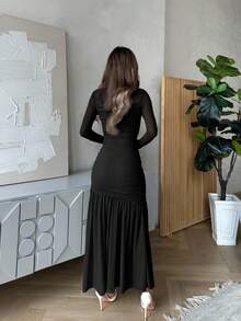 Jemour Women's Mesh Long Sleeve Round Neck Dress, Suitable For Autumn, Back To School, Teacher Outfit - Black - View 2