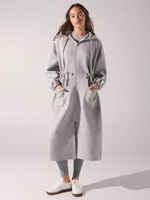 Menodora SHEIN Sport Jaqueta feminina casual esportiva diária com cordão na cintura, patchwork, bolso, zíper, capuz, longa, outono/inverno - Cinza - Ver 4