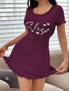 SweetSlumber Women's Casual Short Sleeve Love Letter Print Ins Style Nightgown, Summer - Purple - View 6