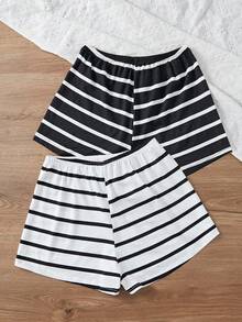 Snug Zone 女士简约日常黑白条纹两件套睡眠短裤 - 黑與白 - 查看 2