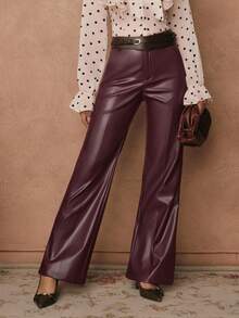 SHEIN Unity Plum Red Micro Flare PU Leather Pants, Spring/Autumn - Red Violet - View 3