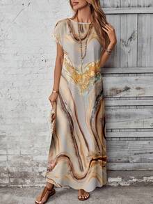 EMERY ROSE Plus Size Women Elegant Marble Texture Print Dress, Autumn,Flower/Spring/Summer/Vacation - Multicolor - View 5